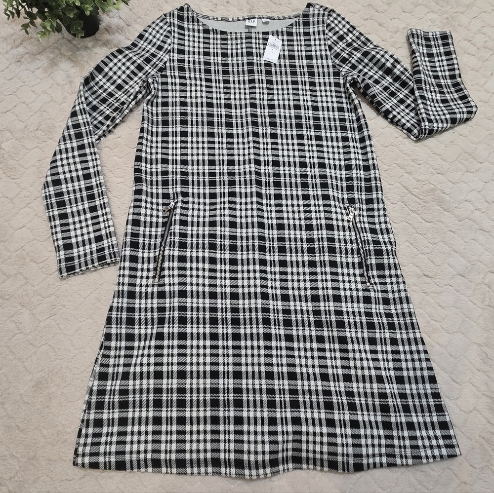 GAP Black & White Plaid Alpine Office Long-Sleeve Dress, Size Small NWT
